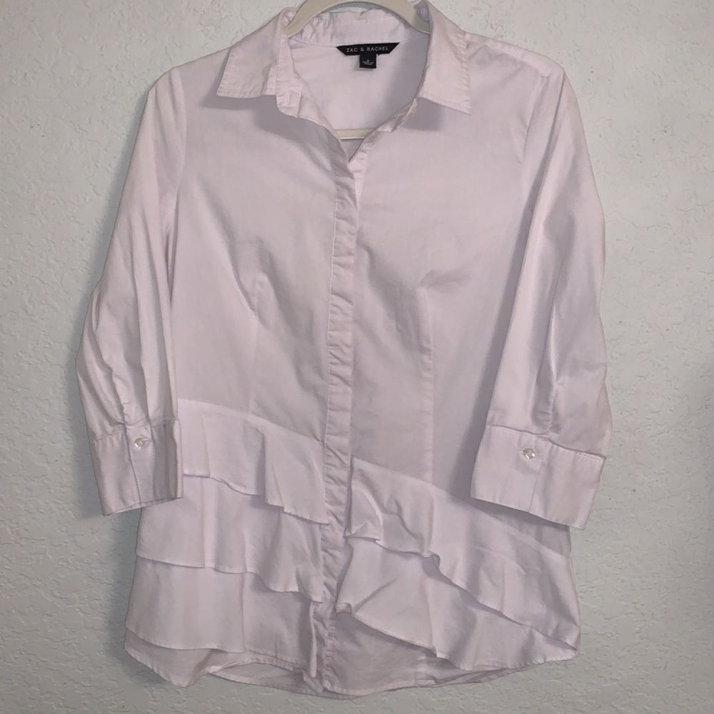 Zac & Rachel White Button Down Ruffle 3/4 Sleeve Women’s Shirt Size S